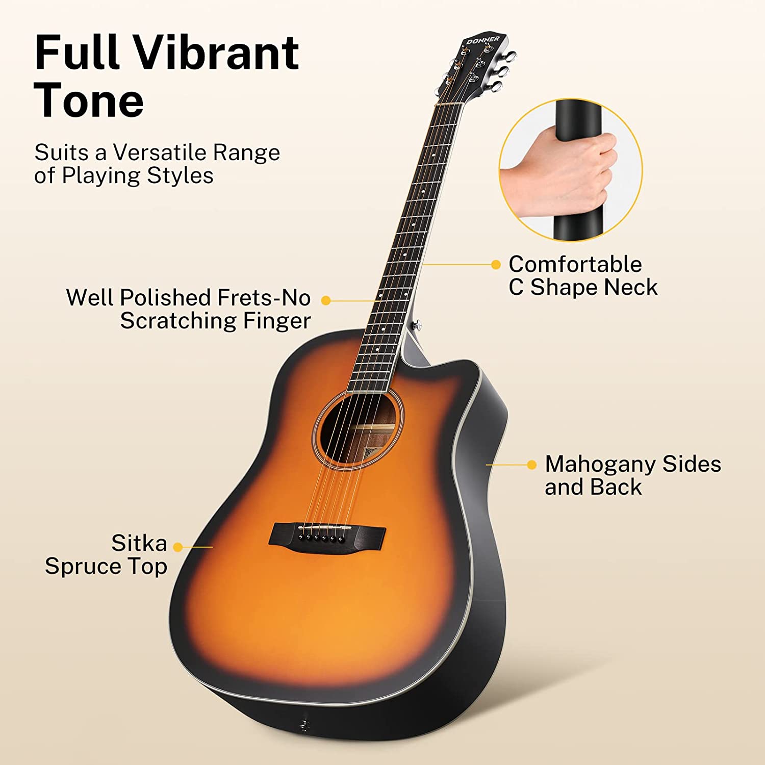 Donner EC1020 Cutaway Akustik Gitar Paketi (Sunburst) - Görsel 3